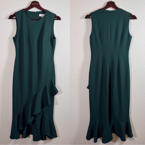 Calvin Klein Teal Green Sleeveless Ruffle Hem Work Professional Dress Size 4 - Picture 7 of 7